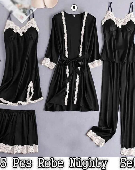 5 Pc Matching Lace Robe Nighty Dresses